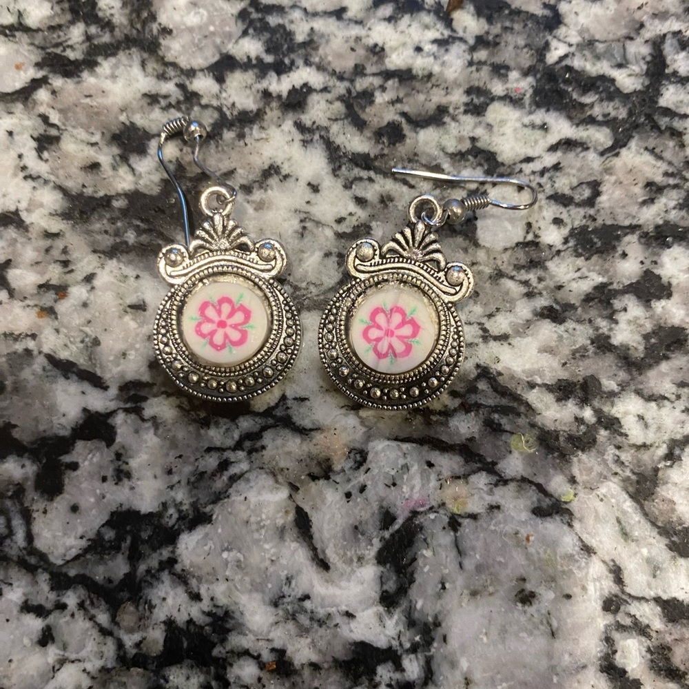 Silver Tone Pink Flower Dangle Earrings